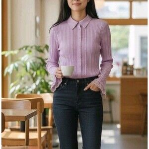 Vintage Y2K Prairie Coquette Kawaii Pink Lilac Plisse Blouse L - Sheer- RAG